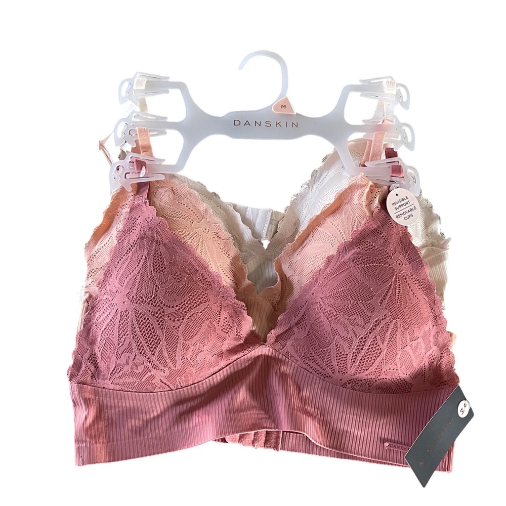 Danskin Bralette 3PK Women M Rose Peach Pink Lace‎ Ribbed Wireless Removable Cup